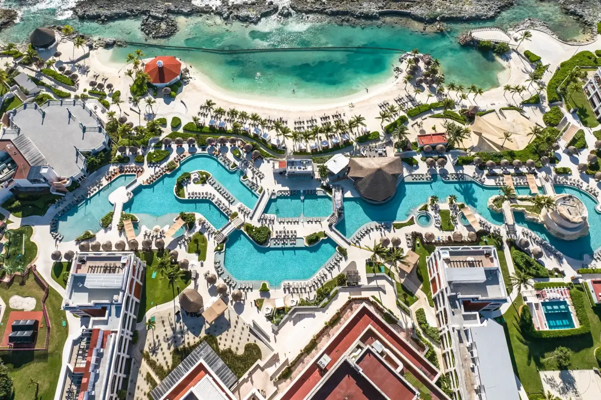 Aerial drone view of the Hard Rock Resort pool and lagoon area.