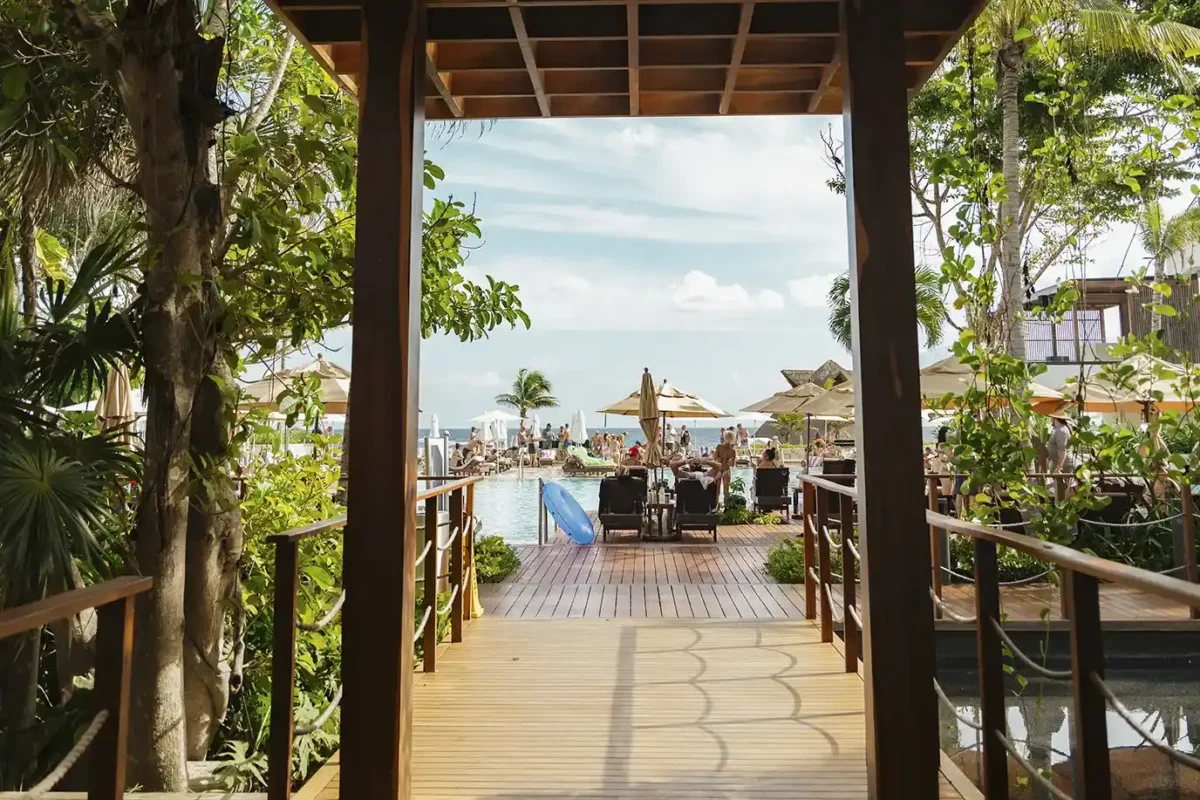 View of the Eden Pool seen through a garden area.