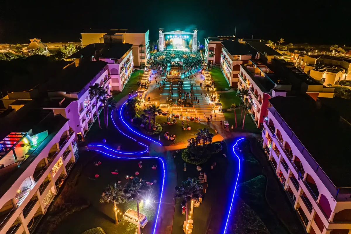 An aerial view of the Concert Courtyard and Main Stage.