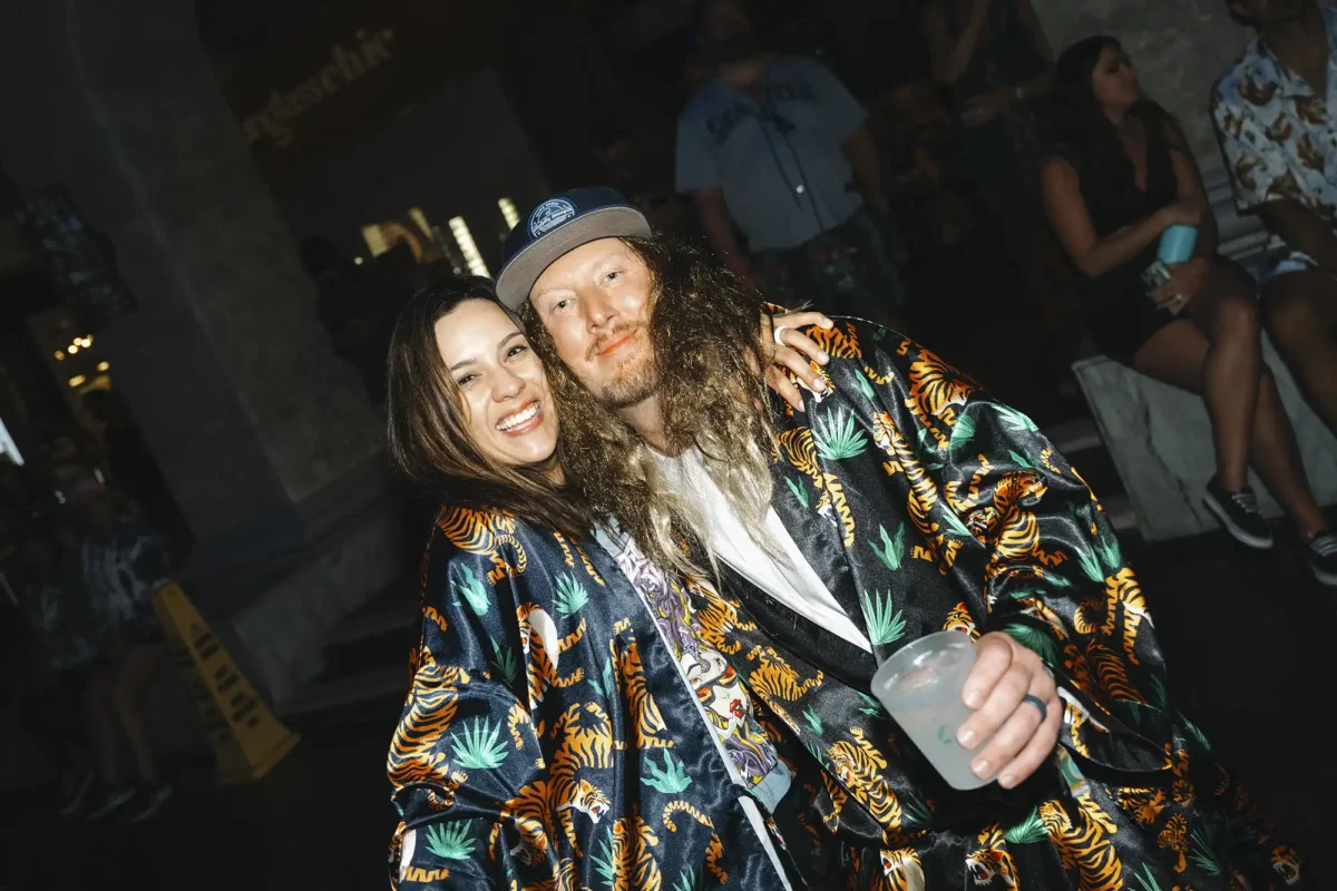 Couple posing in theme night costumes.