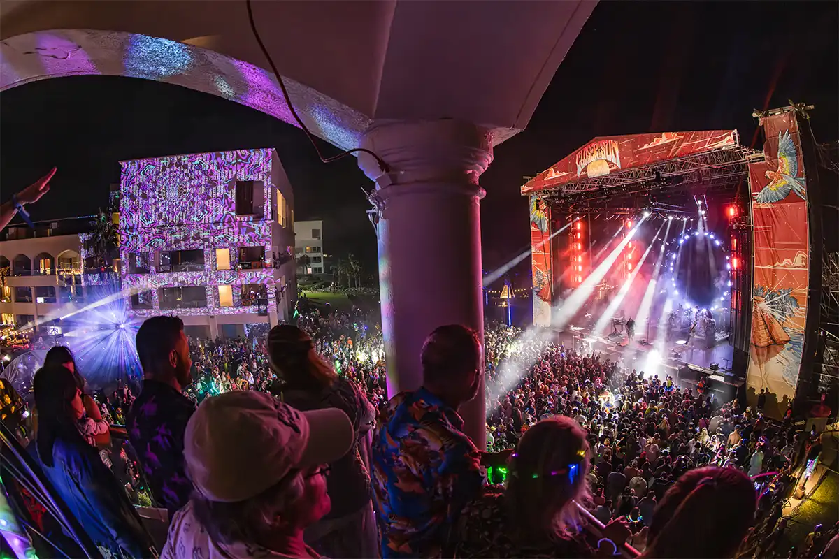 A point of view photo from a Concert Courtyard suite balcony, showcasing its proximity to the main stage.