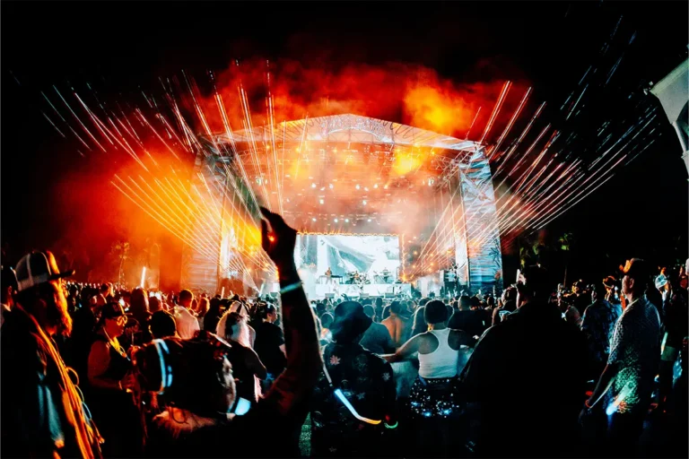 Wide angle view of the Main Stag. Guests with their hands up and fog in covers the air.